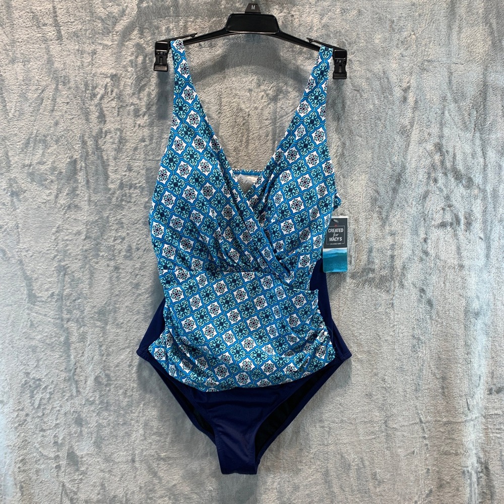 Swim Solutions Surplice Criss Cross One Piece Swimsuit Blue Tile 807105 Size 12